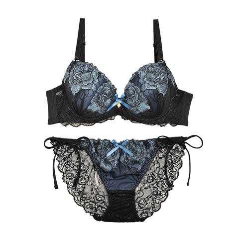 ローズエンブロイダリーデコレーションブラジャー&サイド紐フルバックショーツ(ブルー-A65/ショーツM)
