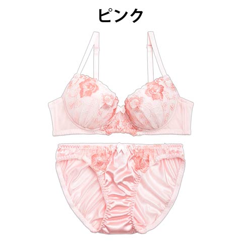 パステルローズ刺繍ブラジャー&フルバックショーツ［大きいサイズ有］(ピンク-A70/ショーツM)