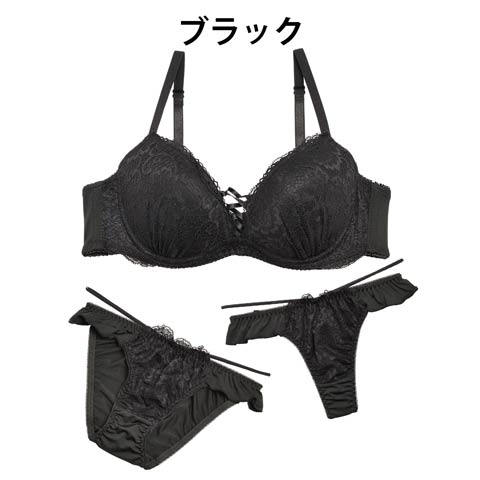 【3点セット】極厚パッド付フェミニンレースアップブラジャー&フルバック&Tバックショーツ(ブラック-A70/ショーツM)