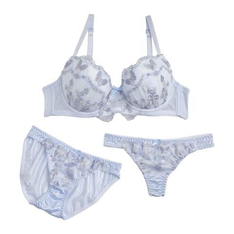 【3点セット】バタフライエンブロイダリーブラジャー&フルバック&Tバックショーツ(サックス-A70/ショーツM)