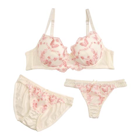 【3点セット】バタフライエンブロイダリーブラジャー&フルバック&Tバックショーツ(アイボリー-A70/ショーツM)