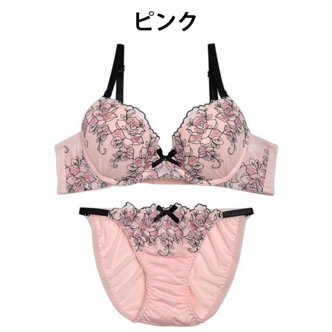 【EFサイズ】ノーブルローズ刺繍ブラジャー&フルバックショーツ(ピンク-E70/ショーツM)