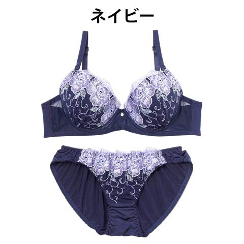 【EFサイズ】ラージローズ刺繍ブラジャー&フルバックショーツ(ネイビー-E70/ショーツM)