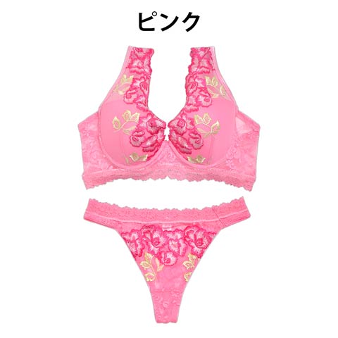 【Gi la see】大判ローズ刺繍ブラジャー&バック透けTバックショーツ(ピンク-A70/ショーツM)