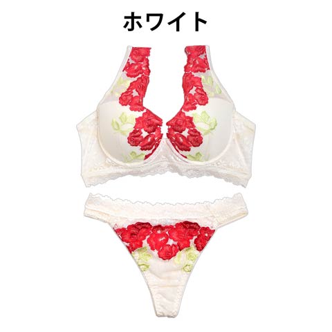 【Gi la see】大判ローズ刺繍ブラジャー&バック透けTバックショーツ(ホワイト-A70/ショーツM)