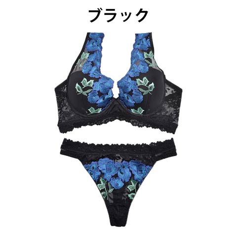 【Gi la see】大判ローズ刺繍ブラジャー&バック透けTバックショーツ(ブラック-A70/ショーツM)