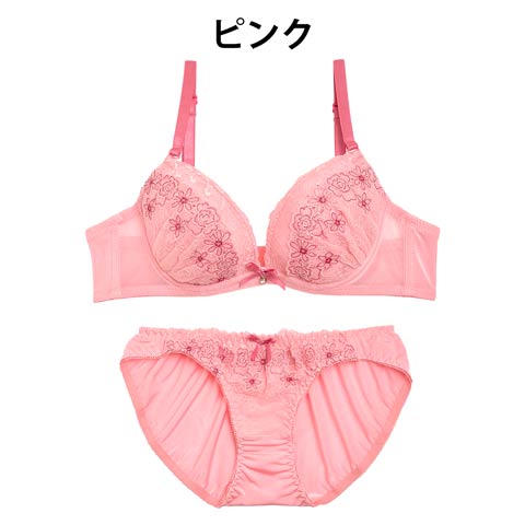 フラワーラメ刺繍ブラジャー&フルバックショーツ(ピンク-B65/ショーツＭ)