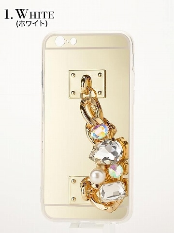 iPhone6/6s大粒ビジュー＆GOLDチェーン持ち手付きケース(ホワイト)