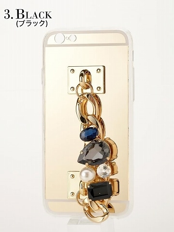 iPhone6/6s大粒ビジュー＆GOLDチェーン持ち手付きケース(ブラック)