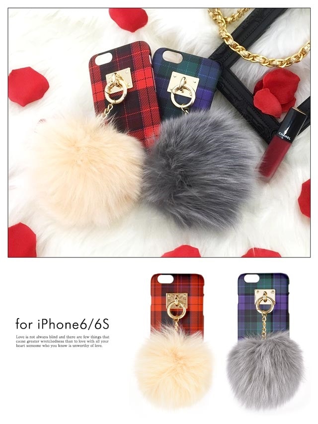 iPhone6/6sファーチャームレッドチェック柄ケース