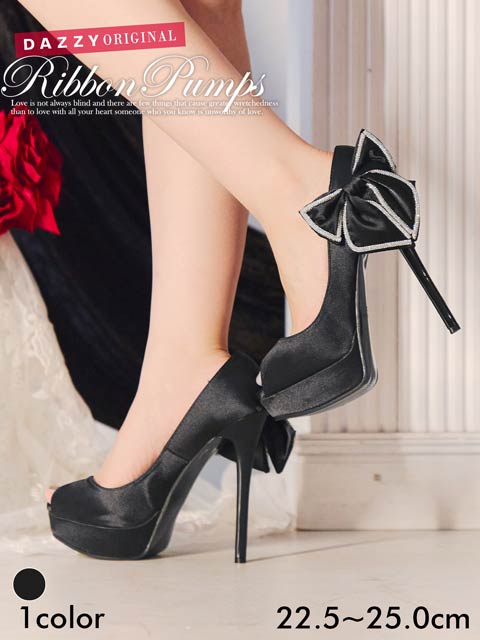 [14cmヒール]パイピングビジューサイドリボンオープントゥキャバヒールパンプス[dazzyオリジナル]