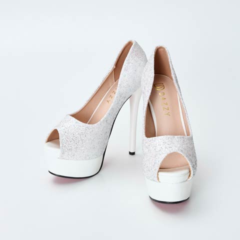 9/19新作![14cmヒール]エナメルオーロラグリッターオープントゥキャバヒールパンプス[dazzyオリジナル](ホワイト-22.5cm)