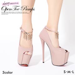 [17cmヒール]エナメルアンクルチャームオープントゥパンプス[3サイズS/M/L]