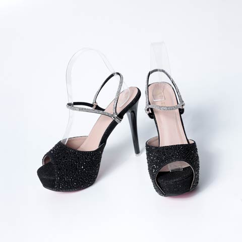 10/14再入荷! [12cmヒール]シャイニーラインストーンストラップキャバヒールサンダル[dazzyオリジナル](ブラック×ブラック-22.5cm)