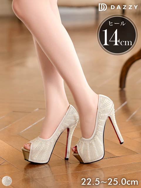 7/16新作![14cmヒール]グリッターパールラインストーンオープントゥキャバヒールパンプス[dazzyオリジナル]