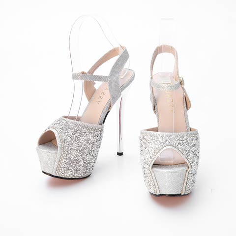 9/1新作![14cmヒール]エレガントグリッターパールビジューストラップ付きオープントゥキャバヒールパンプス[dazzyオリジナル](シルバー-22.5cm)