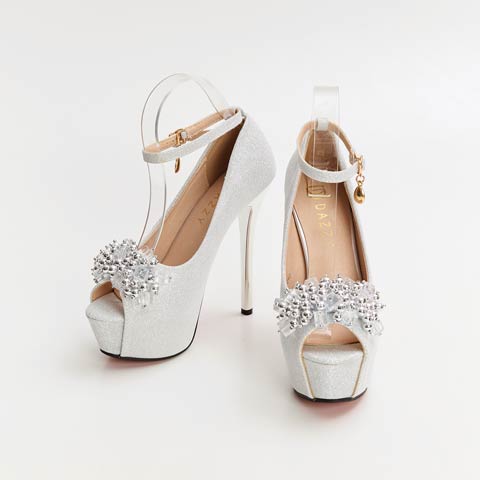12/1新作![14cmヒール]華やかな足元ビジューが輝くチェーンストラップ付きオープントゥキャバヒールパンプス[dazzyオリジナル](シルバー-22.5cm)