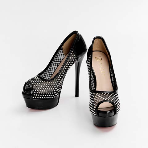 12/19新作![14cmヒール]輝くオーロラストーンメッシュオープントゥキャバヒールパンプス[dazzyオリジナル](ブラック-22.5㎝)