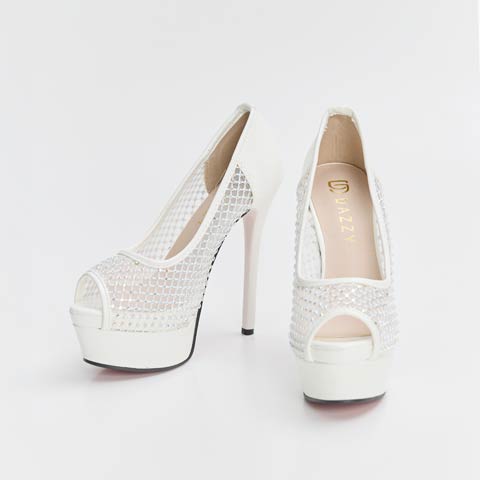 12/19新作![14cmヒール]輝くオーロラストーンメッシュオープントゥキャバヒールパンプス[dazzyオリジナル](ホワイト-22.5㎝)