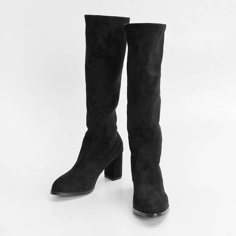 11/26新作![7cmヒール]ワンカラースエードロングブーツ(ブラック-22.5cm)