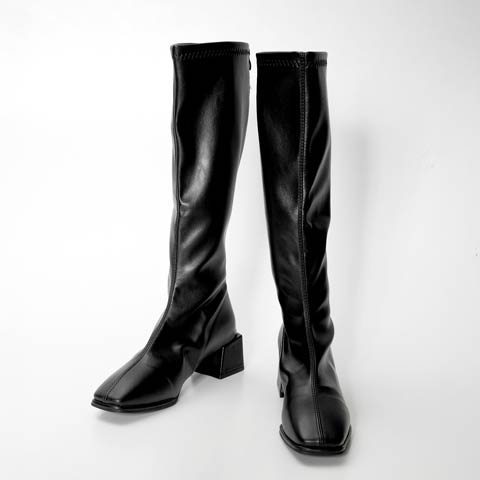 12/8新作![4.5cmヒール]スクエアトゥチャンキーヒールロングブーツ(ブラック-22.5cm)
