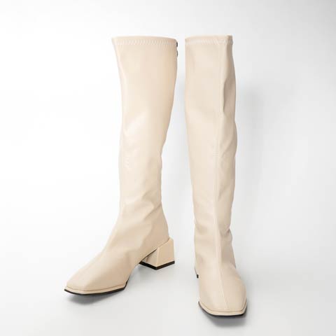 12/8新作![4.5cmヒール]スクエアトゥチャンキーヒールロングブーツ(ホワイト-22.5cm)