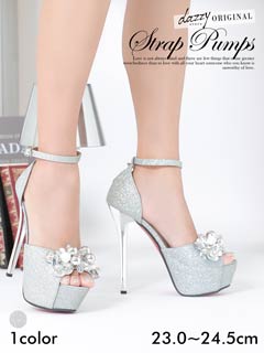 [dazzyオリジナル][14cmヒール]ゴージャスシルバーモチーフオープントゥサンダル