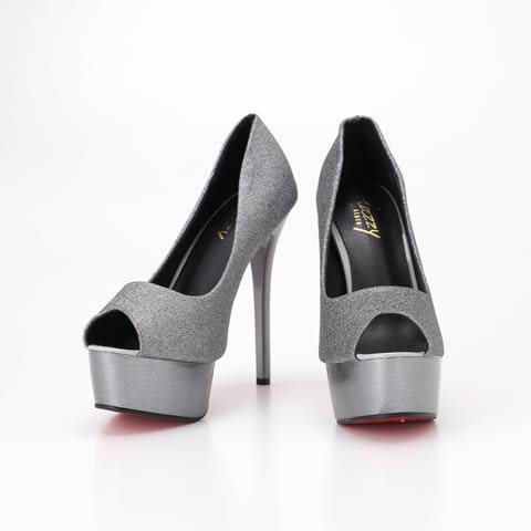 [dazzyオリジナル][14cmヒール]シャイニーグリッターメタリックオープントゥパンプス(シルバー-22.5cm)