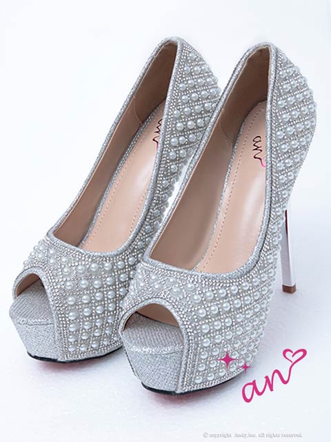 [an]グリッター格子パールビジューオープントゥキャバヒールパンプス[AOC-SH042]