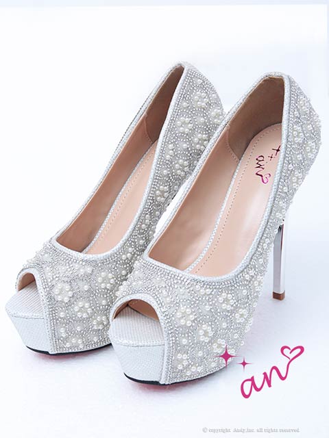 2/12再入荷![an]フラワーモチーフパールビジューオープントゥパンプス[AOC-SH039]