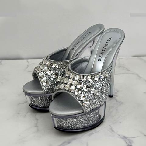 1/30新作![14cmヒール]グリッタースパンコールキャバヒールサンダル(シルバー-22.5cm)