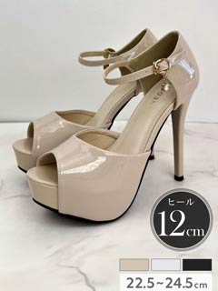 2/5新作![12cmヒール]エナメルビジューチャームストラップ付きオープントゥキャバヒールパンプス