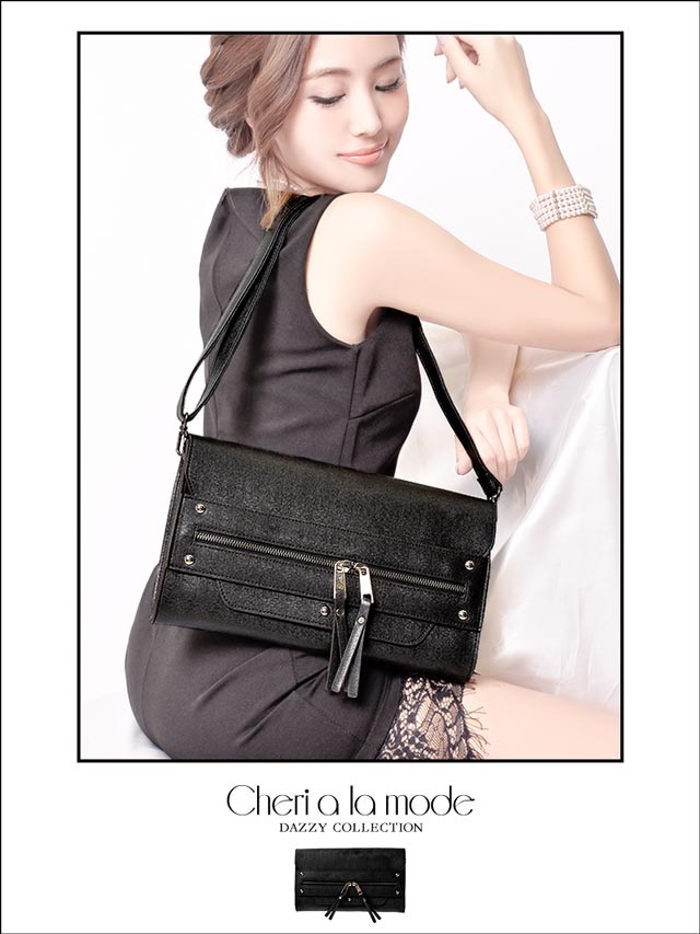 [dazzyオリジナル][2way]フェイクレザージップデザインクラッチバッグ