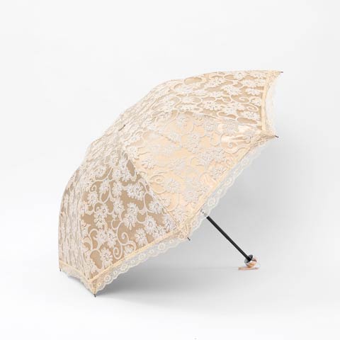 日傘 折りたたみ傘 レディース おしゃれ 水兵風 晴雨兼用 3段折りたたみ傘 レース刺繍柄日傘(BEIGE-フリーサイズ)
