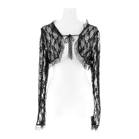 2/12新作!上品レース×ふんわりフリルの長袖ボレロ(ブラック-フリーサイズ)