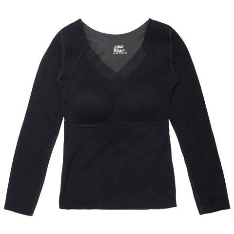 12/22新作!Vネック長袖カップ付きインナー(ブラック-M)