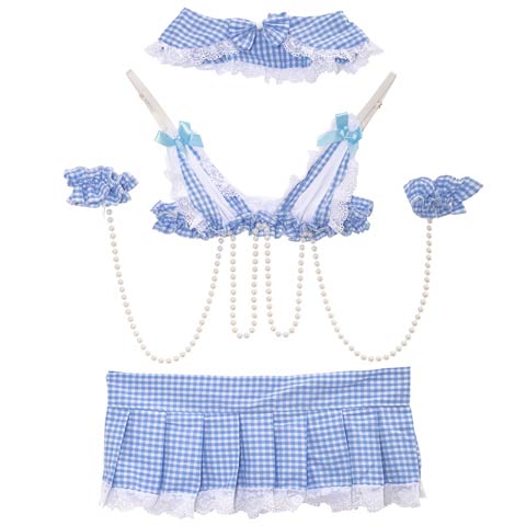 [3点セット]ギンガムチェックパールフリルコスプレランジェリー(サックス-フリー)