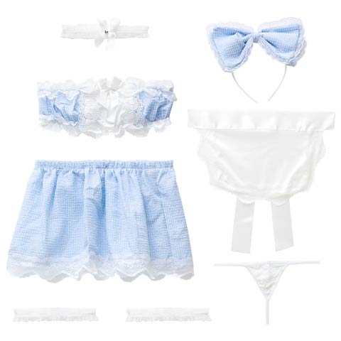 【7点SET】ギンガムチェックリボンメイドコスプレランジェリー【2025ハロウィン/コスプレ】(ブルー-フリー)