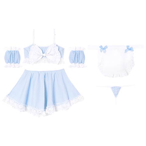 9/19新作![5点セット]ギンガムチェックリボンメイドコスプレランジェリー(サックス-フリー)