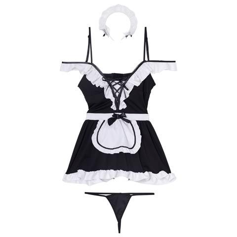 9/19新作![3点セット]プリティーレースアップメイド風コスプレランジェリー(ブラック-フリー)