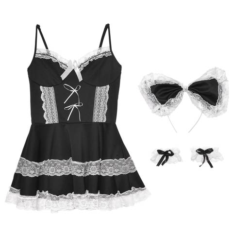 8/30再販![3点セット]ゴシックガーリーメイド風コスプレランジェリー(ブラック-M)