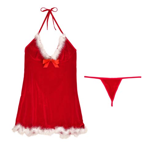 12/3再販![2点セット]もこもこホルターネックリボンサンタコスプレランジェリー(レッド-S)