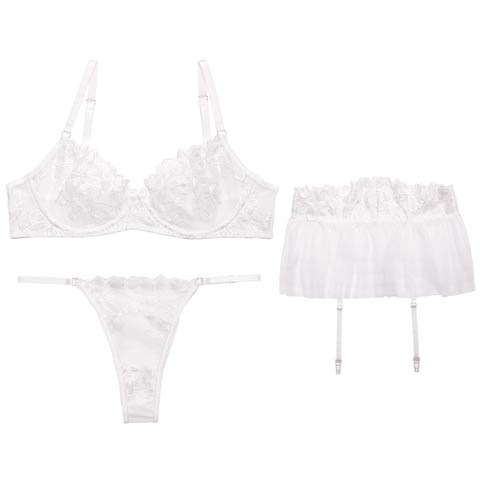 3/25新作!【3点セット】ノーブルシアーブルームブラジャー&Tバックショーツ&ガーターベルト(ホワイト-S)