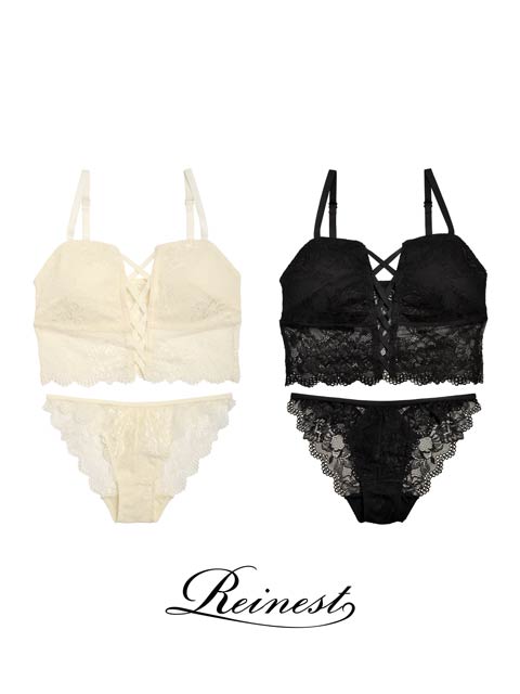 【Reinest】【ノンワイヤー】センシュアルレースアップブラジャー&バック透けフルバックショーツ [推し]