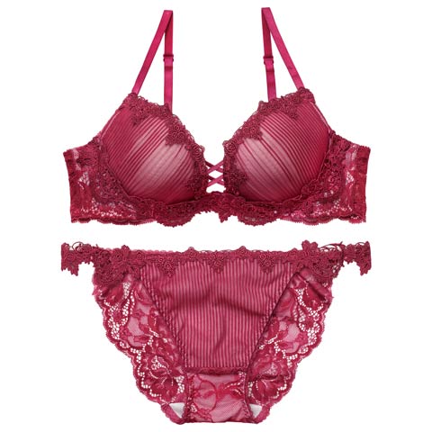 3/18新作!【Reinest】ドレッシーチュールプリーツブラジャー&バック透けフルバックショーツ[推し](ボルドー-A65/ショーツM)