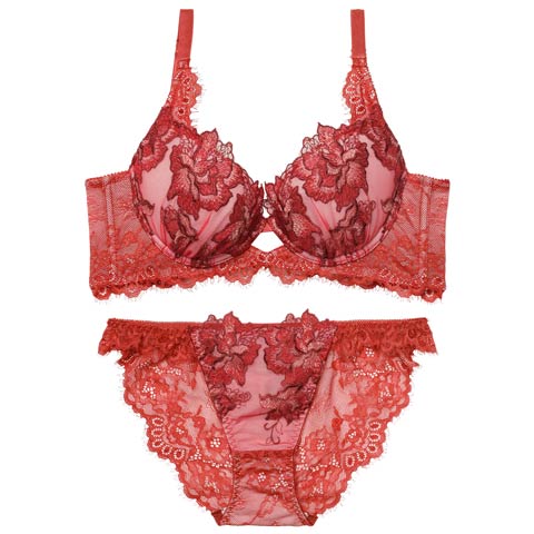 12/19新作!【Reinest】シャルムローズレース育乳脇高★魔法のブラジャー&バック透けフルバックショーツ[推し](レッド-A65/ショーツM)