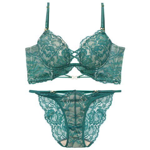 3/9新作!【Reinest】アリュールノクターンレース背中魅せブラジャー＆バック透けフルバックショーツ[推し](グリーン-A65/ショーツM)