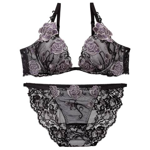 4/17新作!【Reinest】リュクスローズエンブロイダリーブラジャー&バック透けフルバックショーツ[推し](ブラック-A65/ショーツM)