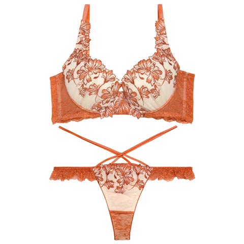 10/27新作!【Tバック】【永尾まりや着用】【Reinest】ビューティフォールフラワー育乳★魔法のブラジャー&バック透けTバックショーツ[推し](オレンジ-A65/ショーツM)