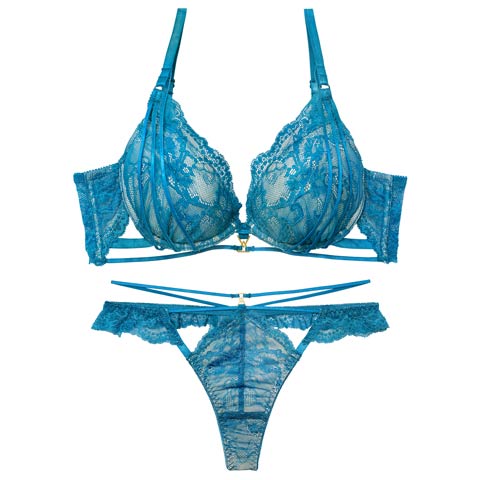 2/4新作!【Tバック】【Reinest】センシュアルレーシィコードブラジャー&バック透けTバックショーツ[推し](ピーコックブルー-A65/ショーツM)